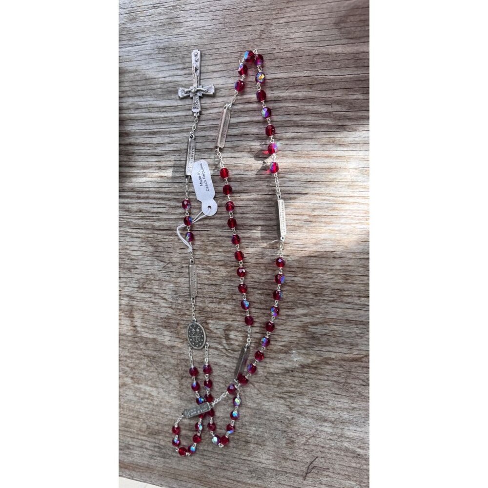 New Catholic Rosary Red AB Glass Beads Czech Republic Italy Crucifix Mystery Bar